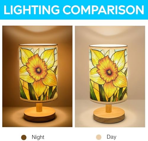 Daffodil Table Lamp LED 3-Color Pressed Bedside, Daffodil Shade Lamp with Wood Base for Bedroom Living Room Desk Office TL01