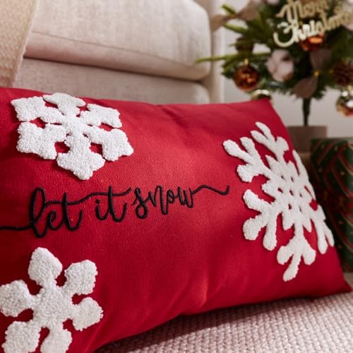 Red Christmas Pillow Covers 12x20 Inch Embroidery Snowflake Xmas Decorative Lumbar Throw Pillow Cover Winter Holiday Pillow Case Cushion Cases for Sofa Couch Living Room Decorations