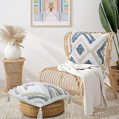 Merrycolor Boho Throw Pillow Covers 20x20 Blue and White Decorative Pillow Covers with Tassels Soft Woven Tufted Pillow Case Neutral Accent Cushion Cover for Couch Sofa Bedroom,1PC