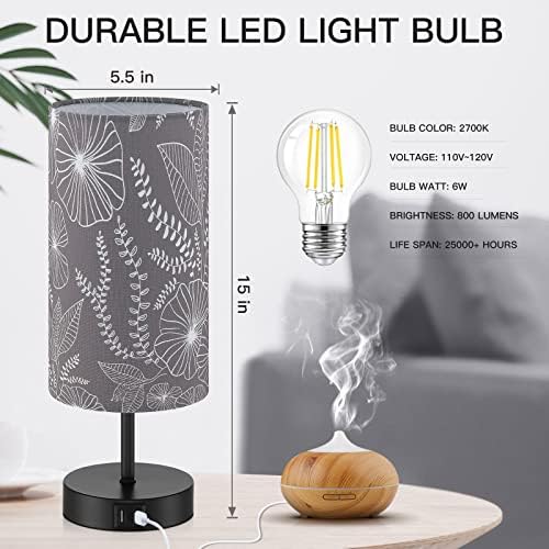 Bedside Table Lamp with 2 USB Ports, Modern Touch Control Desk Lamp with Round Flower Flaxen Fabric Shade, 3 Way Dimmable Small Nightstand Lamp for Bedrooms Living Room Dorm Gray Decor(Bulb Included)