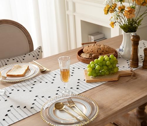 Boho Table Runner 13 x 48 Inch Long Natural Cotton Woven Runner with Tassels for Home Dining Table décor, for Modern Farmhouse Decor Coffee Table Runner, Black and Beige
