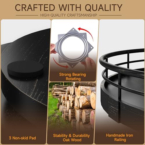 AMH 12-Inch Oak Lazy Susan Vanity Tray with Black Brush Gold Metal Rail