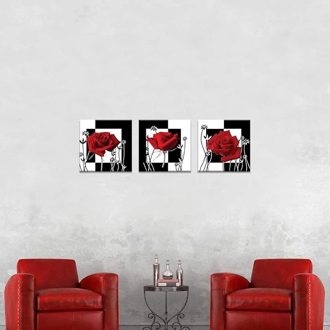 NAN Wind Canvas Print 3 Pcs Black and White Red Rose Canvas Art Painting Abstract Wall Art Decorations Flower Picture on Canvas for Home Decor Stretched and Framed (14X14inchX3pcs, rose2)