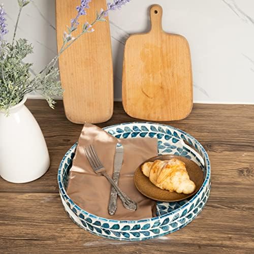 Serving Tray 12.5 Inch, Lacquer Mother of Pearl Inlay Mosaic Tray, Round Wooden Marble Tray with Handles Trays for Tea, Breakfast (Leaf Style)