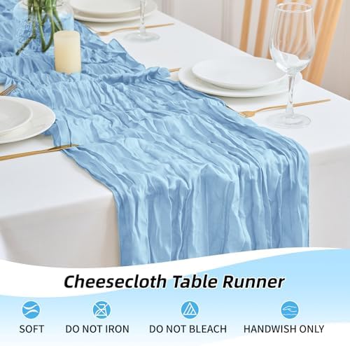 16 Pack Baby Blue Cheesecloth Table Runner 21.5 x 120 Inches Boho Gauze Table Runners 10FT Long Cheese Cloth Table Runner for Bridal Shower Baby Shower Birthday Party Wedding Decor