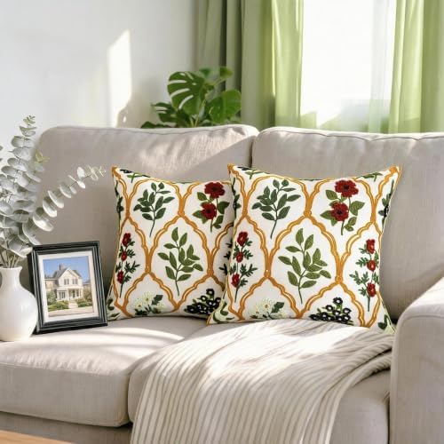 Alysheer Floral Decorative Embroidered Throw Pillow Cover 18"x18", 2pcs Red