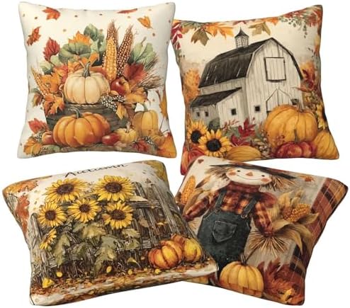Thanksgiving Day Throw Pillow Covers Set of 4 Decorative Soft Double Sided Print Pillow Case Farmhouse Home Decor for Living Room Sofa Couch 18x18