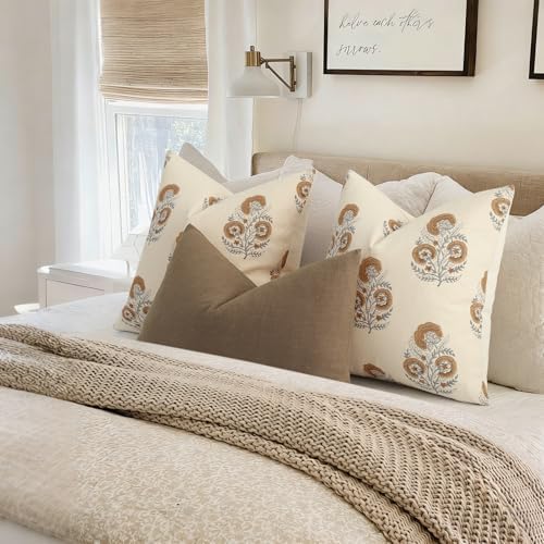 Vintage Floral Print Fall Pillow Covers 22x22 Set of 2 Patterned Accent Decorative Cushion Covers Modern Farmhouse Throw Pillow Covers for Sofa Couch Chair Bed Living Room Home Decor, Cognac Brown