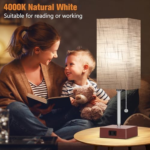 PLMMY Bedside Table Lamp for Bedroom Nightstand, 3 Color Pull Chain Nightstand Lamps Set of 2 with AC Outlets, Square Gray Lampshade Bedside Lamp for Living Room, Office Desk, LED Bulb Included