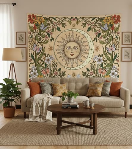 Accnicc Boho Sun and Moon Tapestry Vintage Floral Wall Tapestry for Bedroom Aesthetic Beige Celestial Plant Flower Butterfly Small Tapestries Wall Hanging for Living Room Dorm 48 x 36 Inch
