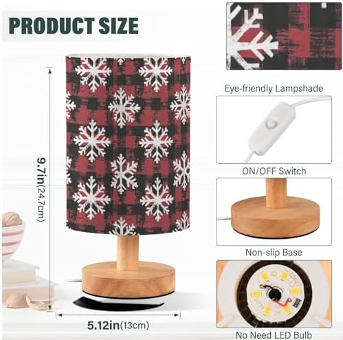 Xmas Snowflake on Red Black Buffalo Grid Bedside Table Lamps with USB Port for Bedroom Lamp Accent Table Lamp Small Nightstand Lamp Linen Shade Decorative Lamps for Home|Room|Dorm|Holiday|Winter