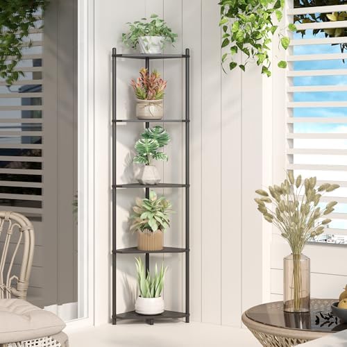 Wisuce Black Tall Corner Shelf Stand, 5-Tier Bamboo Corner Bookshelf
