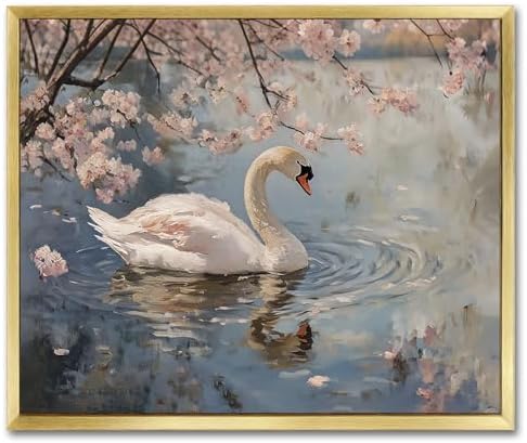 AIMAILON Gold Frame White Swan Animal Pattern, Aesthetic Artwork 10x12 | classic pink flower lake view background, home decoration, easy to disassemble, living room gallery painting