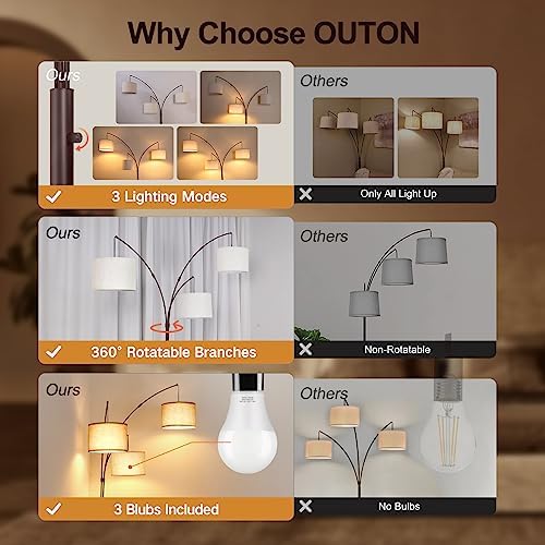 OUTON Tall Arc Floor Lamp - Adjustable, Modern, 3-Light Arched Lamp for Bedroom, Office, and Living Room, 2400lm Mid Century Design with 3 Energy-Efficient LED Bulbs Included, Beige Lampshade