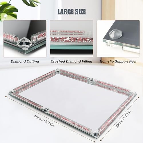 Large Mirror Perfume Tray for Dresser,Pink Crushed Diamond Filled