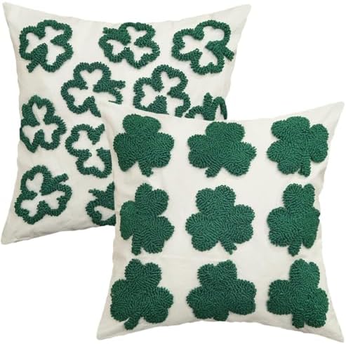 GEEORY St. Patrick's Day Pillow Covers 16x16 Inch Set of 2, Embroidered Shamrock Canvas Throw Pillow Cases, Farmhouse St. Patrick's Decor Cushion Covers for Sofa Bed Home Decorations