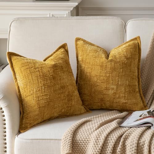 Yaertun Chenille Throw Pillow Covers 18x18 Inch Set of 2 Textured Broadside Soft Cozy Velvet Pillow Covers Modern Farmhouse Boho Decorative Pillow Cases for Couch Bed Sofa Livingroom Ginger