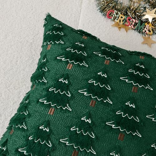 Kevin Textile Christmas Tree Pillow Covers 18x18 Inch Set of 2 Soft Plush Faux Fur with White Snow Embroidery Decoration Pillowcases for Couch Sofa Holiday Festivals Winter Xmas Gift, Dark Green