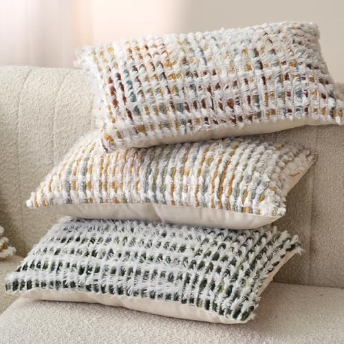 Aeckself Boho Chenille Tufted Pillow Cover 12 x 20 Inch, Rectangle Decorative Lumbar Throw Pillow Cover Neutral Pillowcase for Couch Bedroom Living Room, Orange White