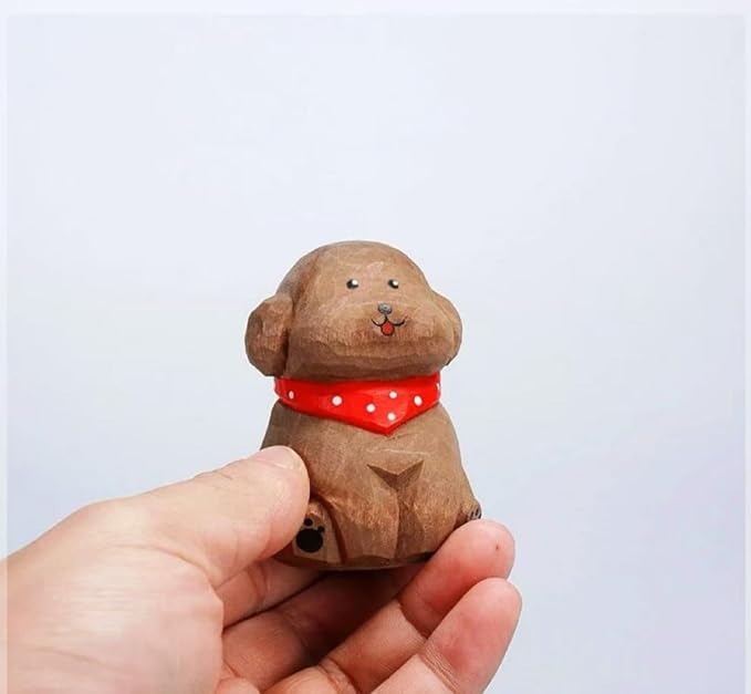 Hand-Carved Wooden Teddy Dog Figurine, 2.7" Brown Puppy Statue with Base for Car Dashboard, Desk & Home Decor, Gift for Dog Lovers