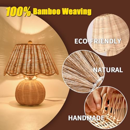 Rattan Small Bedside Mini Table Lamp for Bedroom,Boho Bedroom Lamps for Nightstand, Wicker Mini Table Lamps for Small Spaces with Scalloped Shade for Kitchen Counter, Bookshelf, Kids Dorm, Office