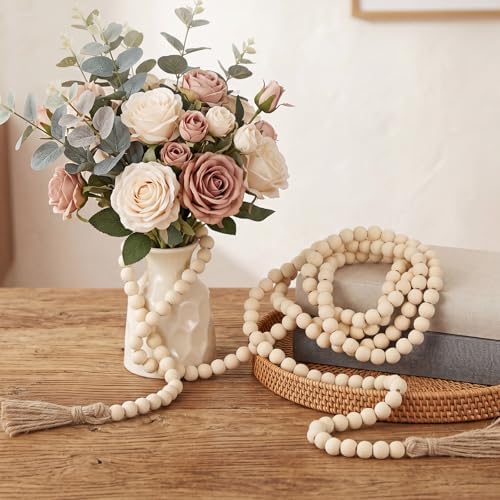 Equsion Rustic Wood Bead Garland with Tassel Farmhouse,Natural Wood Color