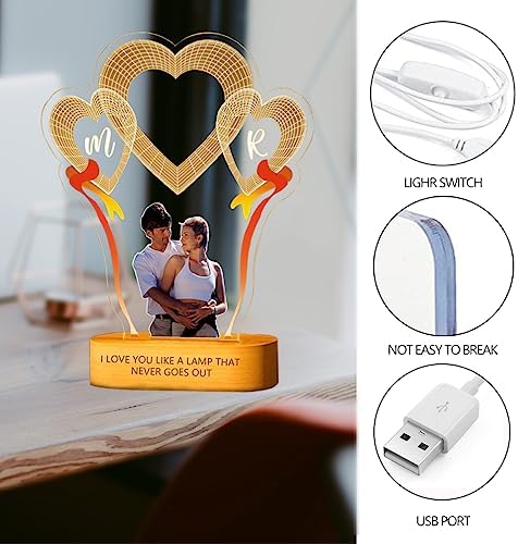 FolHaoth Personalized Photo Acrylic Love Sign Plaque Gifts for Couples Girlfriend Boyfriend Wife Husband Customizable LED Night Light Wooden Base Lamps Desk Bedroom Decor Signs