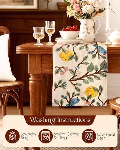 Canvas Embroidered Narrow 13"x 72" Table Runner, Lemon Bird