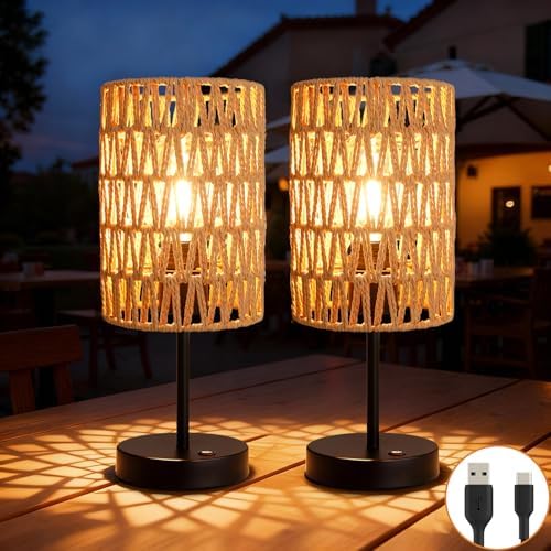 Rechargeable Outdoor Table Lamps, Rattan Boho Cordless Battery Operated Table Lamps, Patio Lamp for Living Room, Balcony, Bedside Decor- Set of 2 (Beige)
