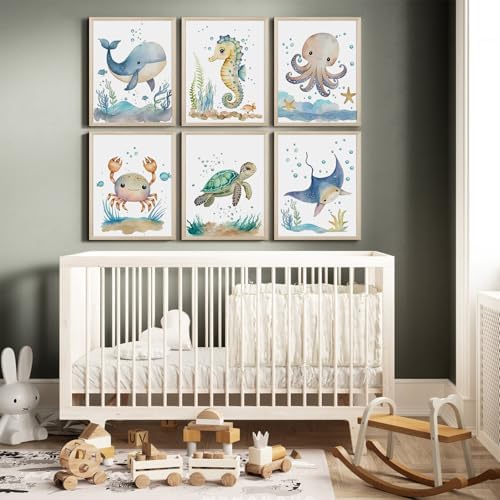 Nursery Sea Animal Wall Decor Set of 6 Ocean Watercolor Canvas Wall Art Baby Boys Room Wall Art Ocean Sea Animal Pictures Kids Girl Art Prints Nursery Artwork for Bedroom 12x16 Inch Framed