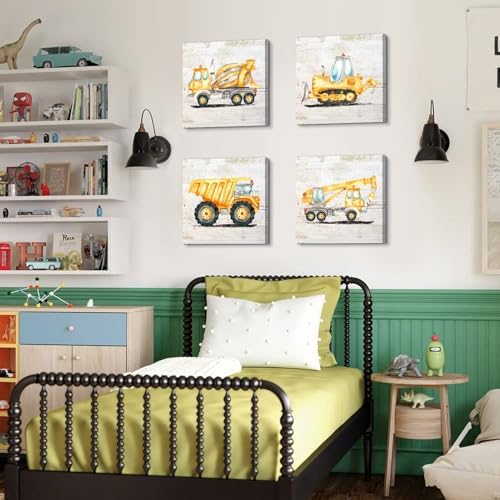 Construction Wall Decor for Boys Room Dump Truck Wall Art Tractor Excavator Canvas Pictures Car Poster Watercolor Vehicle Prints Paintings for Toddler Bedroom Nursery Home Decorations 18x18"4Pcs
