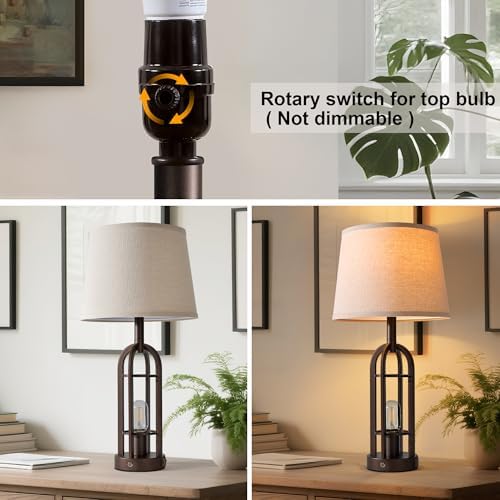 SRJJA 24" Table Lamps for Living Room Set of 2, Rustic Farmhouse 3-Way Dimmable Touch Industrial Bedside Lamps with USB A+C for Bedroom Nightstand，4 Bulbs Included