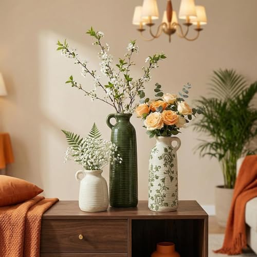 Ceramic Vase Set of 3 with Handles, Green White Neutral Rustic Modern Farmhouse Boho Decor, Versatile as Table Centerpiece or Mantel & Shelf Accent - Unique Home Gift Idea