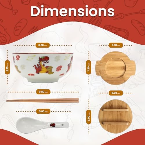 XWORLD Japanese Ceramic Ramen Noodle Bowls Set with Ceramic Spoon, Bamboo Chopsticks, Lid & Trivet, Serving Capacity of 20 OZ, Microwavable Oven Safety (2.75” x 5.75” D) (Dragon and money)