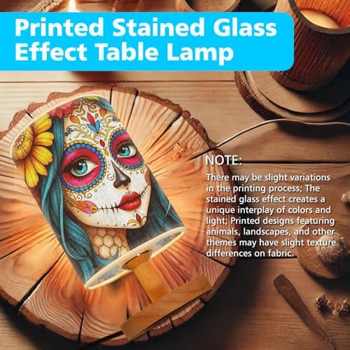 Sugar Skull Girl Table Lamp LED 3-Color Pressed Bedside, Sugar Skull Girl Shade Lamp with Wood Base for Bedroom Living Room Desk Office TL01