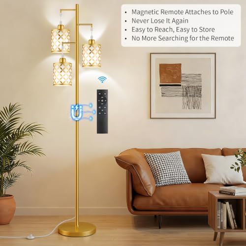 72" Dimmable Floor Lamp with Remote & Timer, Modern Industrial Standing Lamp for Living Room Bedroom, 3 Individually Controlled Heads, 2 Height Options, 3 x 800LM LED Bulbs Included - Gold