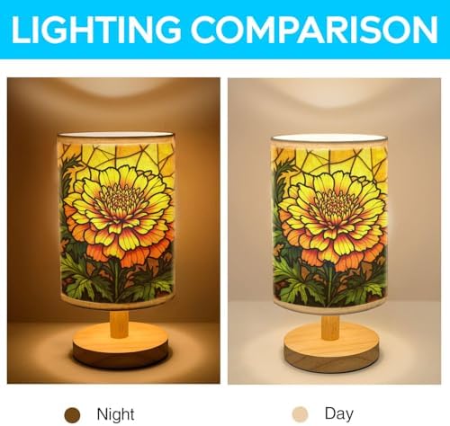 Marigold Table Lamp LED 3-Color Pressed Bedside, Marigold Shade Lamp with Wood Base for Bedroom Living Room Desk Office TL01