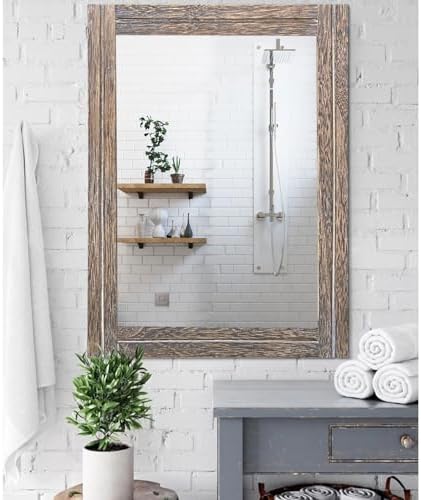 AAZZKANG Large Mirror with Wood Framed 28"x20" Rectangle Rustic Wall Mirror Decor for Bedroom Bathroom Living Room Entryway