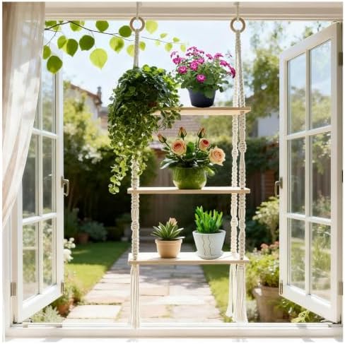 3-Tier Boho Hanging Shelves for Wall - Rustic Floating Wood Shelves with Rope, Macrame Plant Shelf Organizer for Home Decor - Farmhouse, Bohemian Style for Bedroom