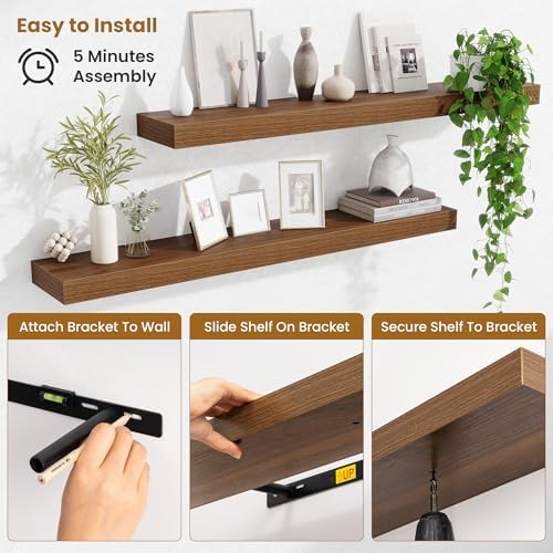 Fun Memories 40 Inch Floating Shelves, Long Wood Wall Shelf Set of 2 with Invisible Brackets, for Bathroom, Living Room, Bedroom, Kitchen, Walnut