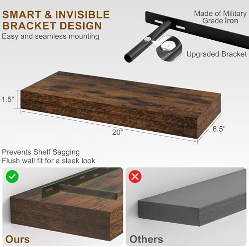 Fun Memories Floating Shelves for Wall, 20Inch Floating Shelves Set of 2, Hanging Shelf with Invisible Brackets, Wood Shelves for Living Room, Bedroom, Kitchen, Brown