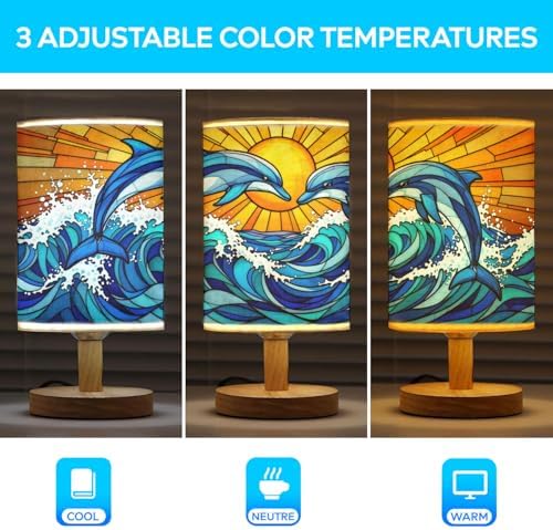 Dolphin Table Lamp LED 3-Color Pressed Bedside, Dolphin Shade Lamp with Wood Base for Bedroom Living Room Desk Office TL01