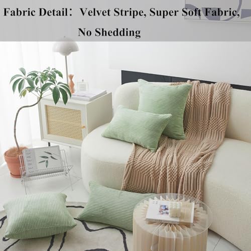 Home Brilliant Throw Pillow Covers 18x18 Solid Plush Corduroy Striped Square Pillow Covers for Couch Set of 2 for Living Room Decor, 18 x 18 Inch, Sage Green