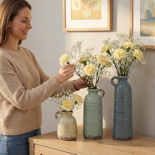Ceramic Vase Set of 3 with Handles, Blue Neutral Rustic Modern Farmhouse Boho Decor, Versatile as Table Centerpiece or Mantel & Shelf Accent - Unique Home Gift Idea