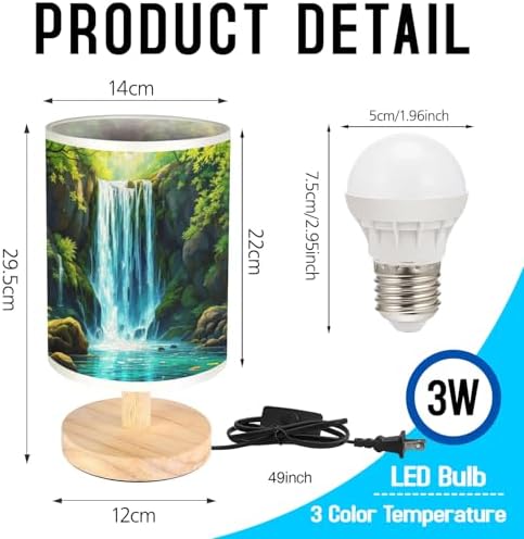 Waterfall in The Green Forest Table Lamp LED 3-Color Pressed Bedside, Waterfall in The Green Forest Shade Lamp with Wood Base for Bedroom Living Room Desk Office TL01