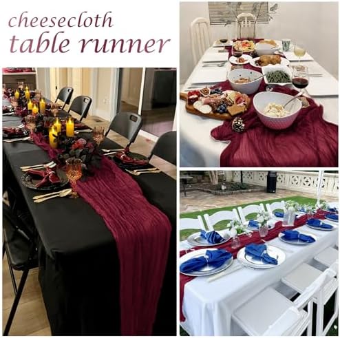 12 Pack Burgundy Red Cheesecloth Table Runner 17 x 108 Inch Gauze Table Runner Fabric Semi Sheer Cheese Cloth Table Decor Bulk for Rustic Romantic Wedding Baby Shower Table Decoration