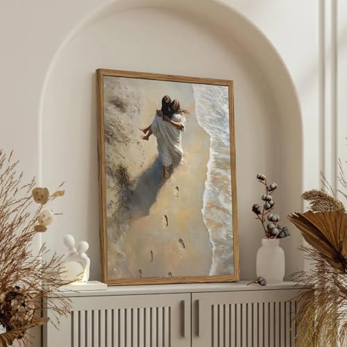 Jesus Hugging Woman Wall Art Jesus on the Beach Wall Decor 3D Textured Hand Drawn Sandstone Christian Decor Painting Footprints on the Beach Artwork for Bedroom Living Room 12x16 inch Wood Framed