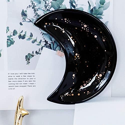 Small Moon Jewelry Dish Tray, Decorative Ceramic Trinket Dish, Modern Accent Tray for Vanity 2pcs（White and Black ）