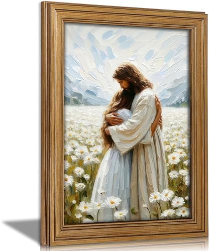 Vintage Gold Framed Jesus Wall Art Jesus Hugging Girl Christian Canvas Prints God Embracing Woman Picture Religious Beliefs Spiritual Painting Poster Artwork for Living Room Bedroom Church