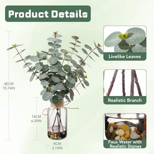Artificial Eucalyptus Stems in Glass Vase, 15.74-in Greenery